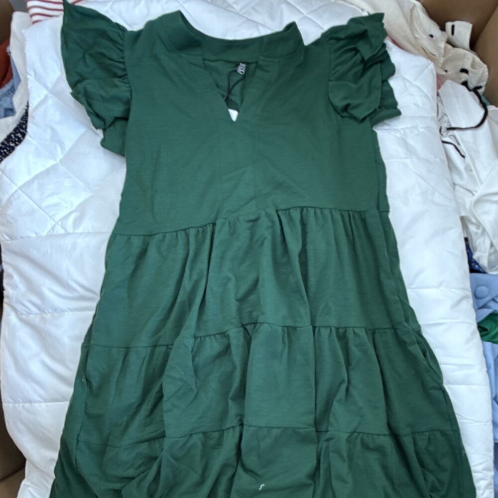 Nclook Women's V-Neck Ruffle A-Line Dress Puff Short Sleeve Green Size S